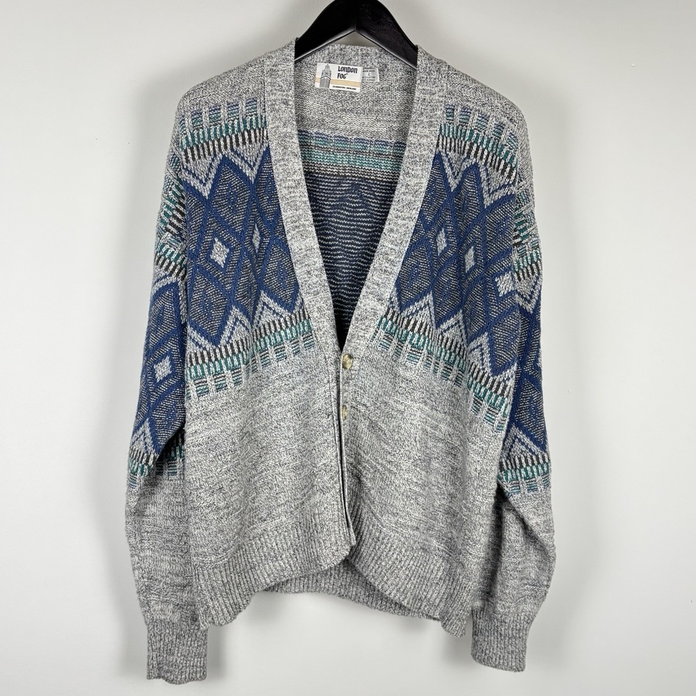 London Fog Cardigan Men L Gray Blue Cotton Knit Grandpa Geometric Sweater 80s US